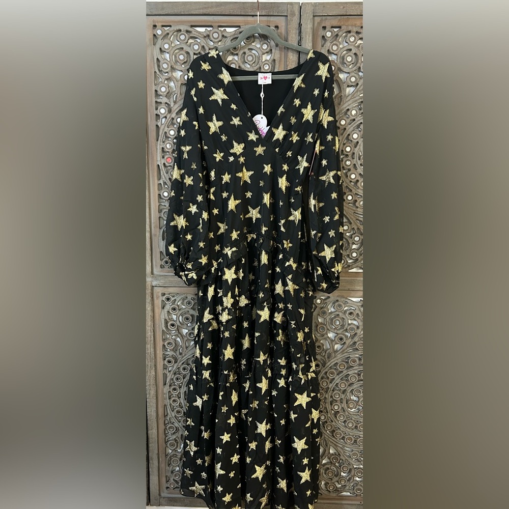 Long sleeve black & gold star Maxi dress from BuddyLove. Size extra small nwt